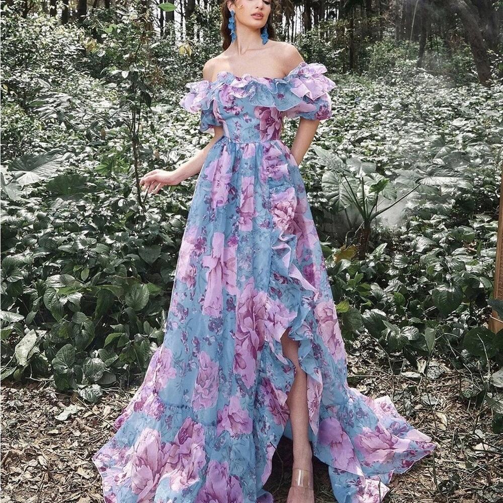 Romantic Off-Shoulder High-Low Floral Dress in Blue and Pink